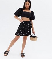 New Look Petite Black Daisy Frill Mini Wrap Skirt